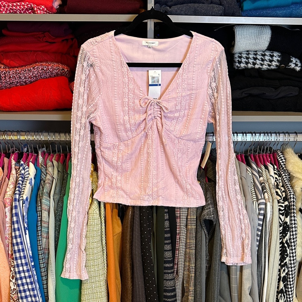 No Comment pink long lace sleeve v neck/tie lined bodice top size XL NWT